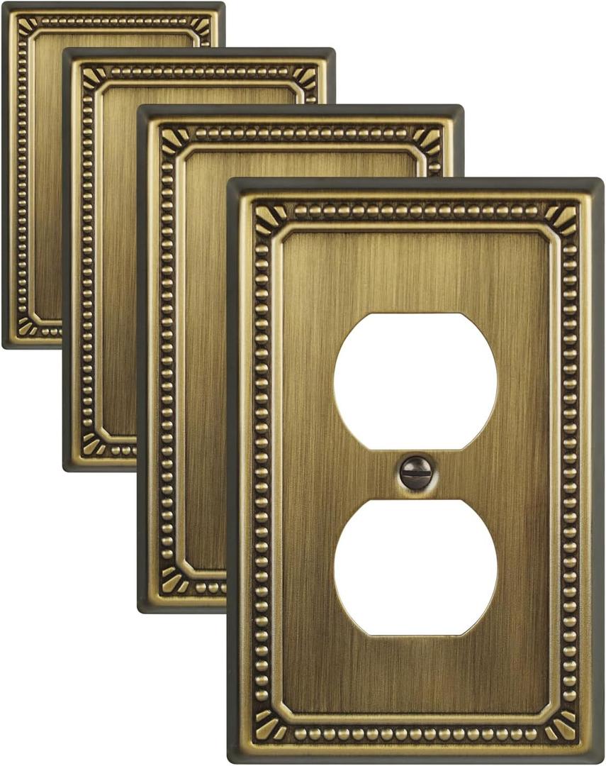 Metal Wall Plates, Switch Plates and Outlet Covers, Decorative Pearl Design (1 Duplex 4PK, Antique Brass, Midsize)