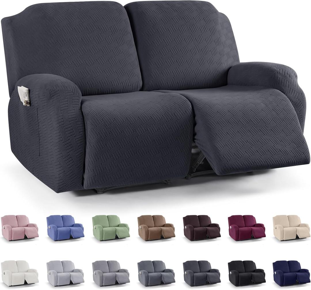 KinCam Recliner Covers, Stretch Reclining Chair Covers, Recliner Sofa Slipcovers Stripe Jacquard Recliner Couch Covers Furniture Protector Covers (2 XL Seater, Charcoal Gray)