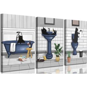 3 Pieces Funny Blue Bathroom Cat Canvas Wall Art Cute Black Cat On Bathtub And Toilet Painting Picture Wall Decoration Poster Print Artwork for Restroom Washroom Home Decoration Unframed