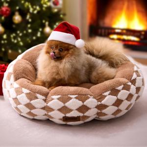 Large Cat Beds for Indoor Cat, Donut Dog Beds for Small Dog, Round Plush Puppy Bed for Kitten, Brown (M23"x 23''x 8'')