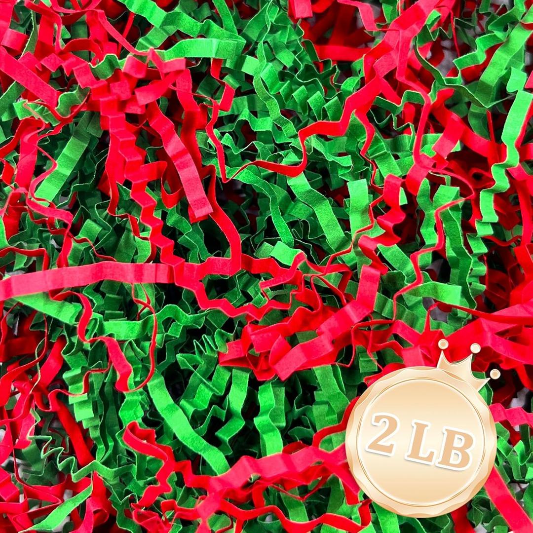 Zankubom 2 LB Crinkle Cut Paper Shred Filler Great for Gift Wrapping, Basket Fillers, Birthday, Gift Wrapping, Anniversary, Halloween Christmas Party Decor Filling Supplies Red Green