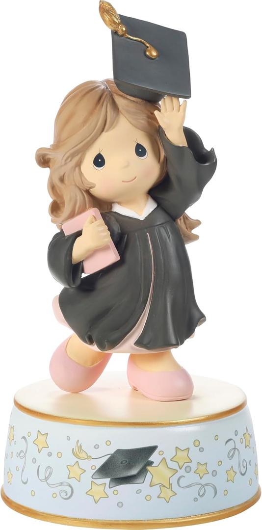 Precious Moments Graduation Musical: From Cap And Gown To New Horizons - Brunette Graduate in Black Gown - Pomp and Circumstance Tune - Resin Figurine - 6.5"H - Includes Batteries