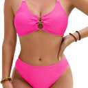 Blooming Jelly Womens Cheeky Bikini Sets Sexy High Cut Bathing Suit O-Ring Ribbed Two Piece Swimsuits(S,Hot Pink) (Pink)