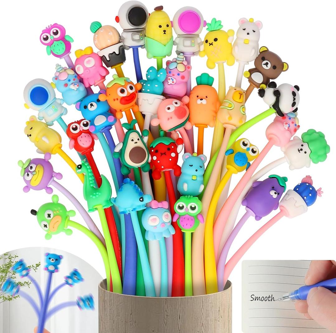 LiYiQ 48 PCS Cartoon Stress Relief Bobblehead Pens Bear Dinosaur Eggplant Panda Squid Shape Fun Cute Pen Kawaii Fidget Pens for Classroom Prizes Office Supplies