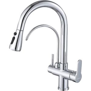 Kitchen Faucet with Pull Down Sprayer Modern 2 Handle Kitchen Faucets Drinking Water Faucet Reverse Osmosis Faucet for Kitchen Sink 3 in 1 High Arc Water Purifier Faucets Lead-Free Brass,Chrome (Silver)