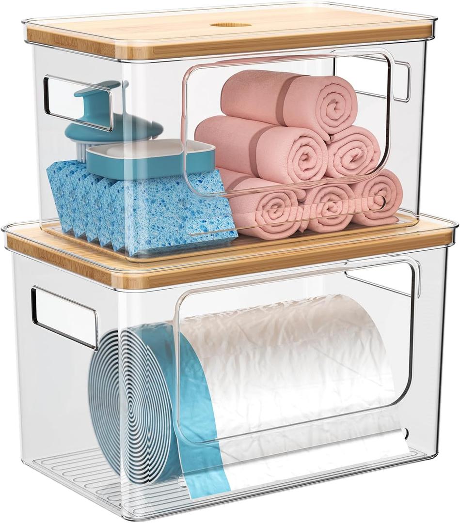 Trash Bag Holder Dispenser with Bamboo Lid, 2 Pack Clear Stackable Plastic Grocery Bag Holder for Home Kitchen Pantry Countertop, Medium & Large Wall Mounted Storage Bins for Onion Potato Storage