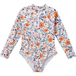 Century Star UPF 50+ Girls Long Sleeve Swimsuit - Rash Guard Swimsuit Toddler Kids Teen One Piece Bathing Suit Zip 2-3T (01 Orange Flower)