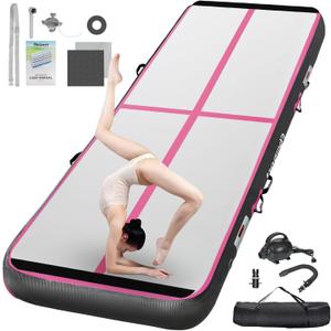 FBSPORT Inflatable Air Gymnastics Mat Training Mats 4/8 inches Thickness Gymnastics Tracks for Home Use/Training/Cheerleading/Yoga/Water with Pump (13.12ft*3.3ft*4in(4*1*0.1m), Black Pink)