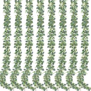Sggvecsy 8 Pack Artificial Eucalyptus Garland Eucalyptus Leaves Vines Greenery Garland Faux Silver Dollar Eucalyptus Leaves for Table Party Wedding Indoor Outdoor Home Mantle Wall Decor, 8PCS
