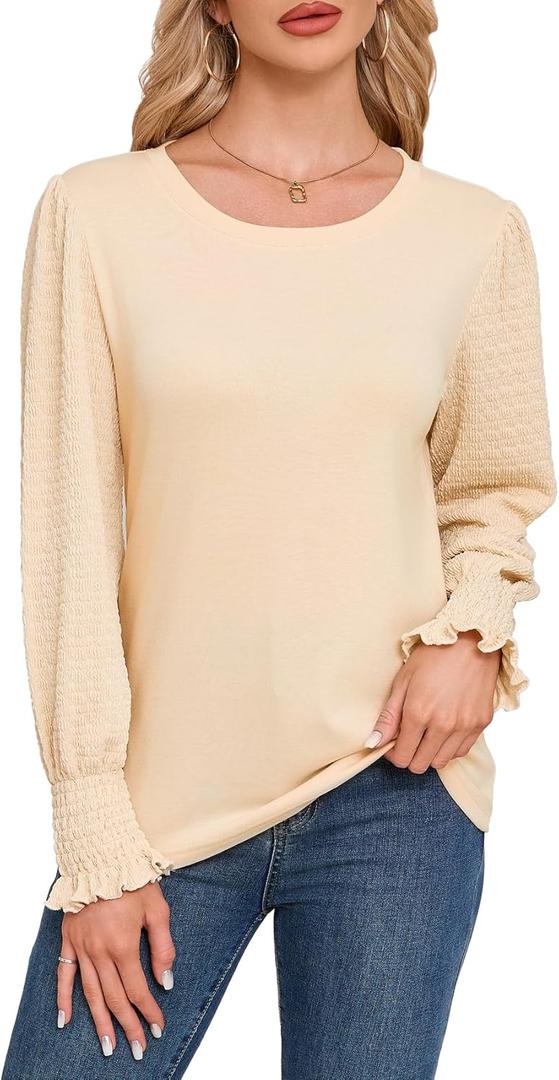 Blouses for Women Casual Puff Long Sleeve Shirts Fall Crew Neck Knit Textured Tunic Tops with Smocked Cuffs (Medium, Apricot)