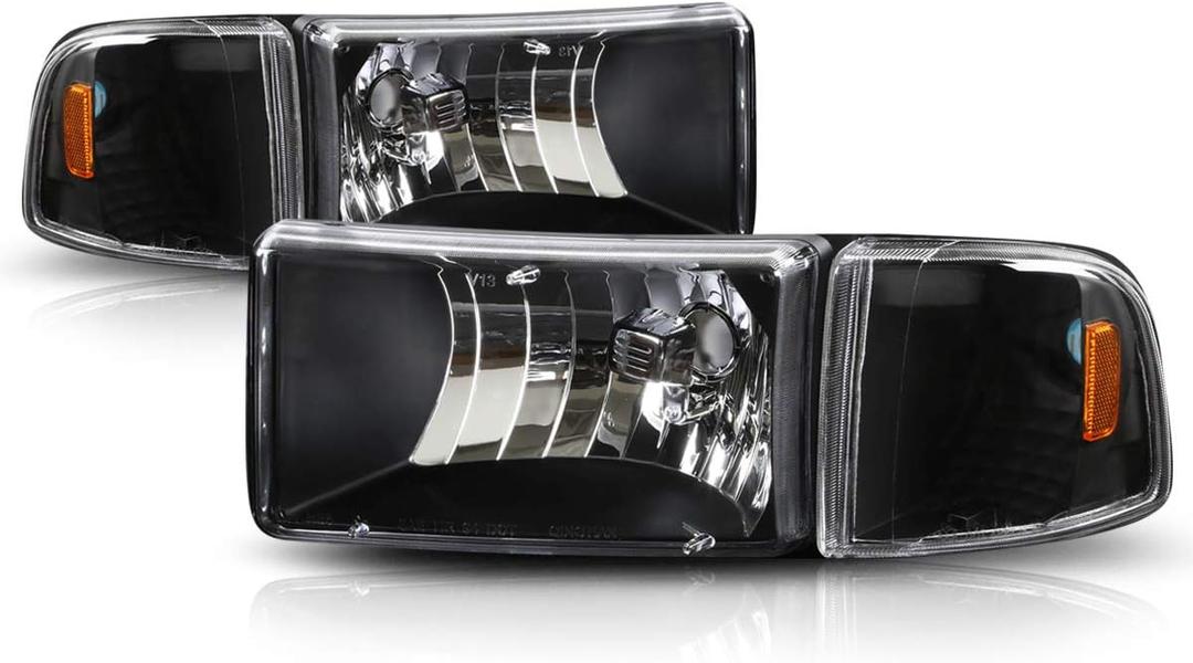 PM PERFORMOTOR 4Pcs-Set Black Amber Headlights Replacement Compatible with 94-01 Dodge Ram 1500/94-02 Ram 2500/3500, PMHL-DRAM-9401-4P-OH-BA