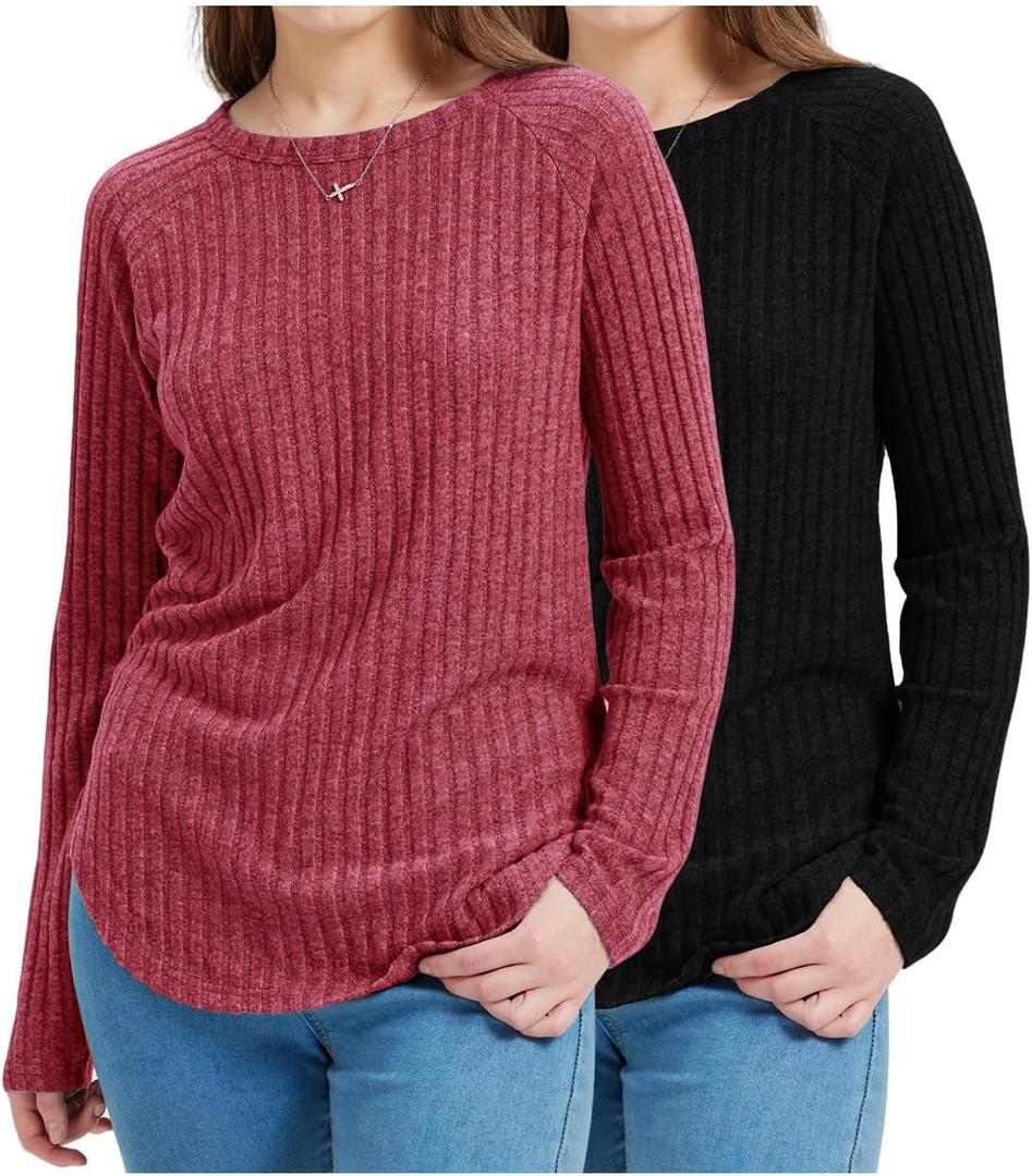 Liloak 2/3 Pack of Womens Tunic Shirts Long Sleeve Loose Fit Sweaters Crew Neck Fall Fashion Pullover Shirts Pack Lightweight (L)