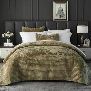 weigelia Velvet Quilts King Size Luxurious Soft Coverlet Striped Bedding Set Cream Quilt Set with 2 Matching Pillowcases, for All Season