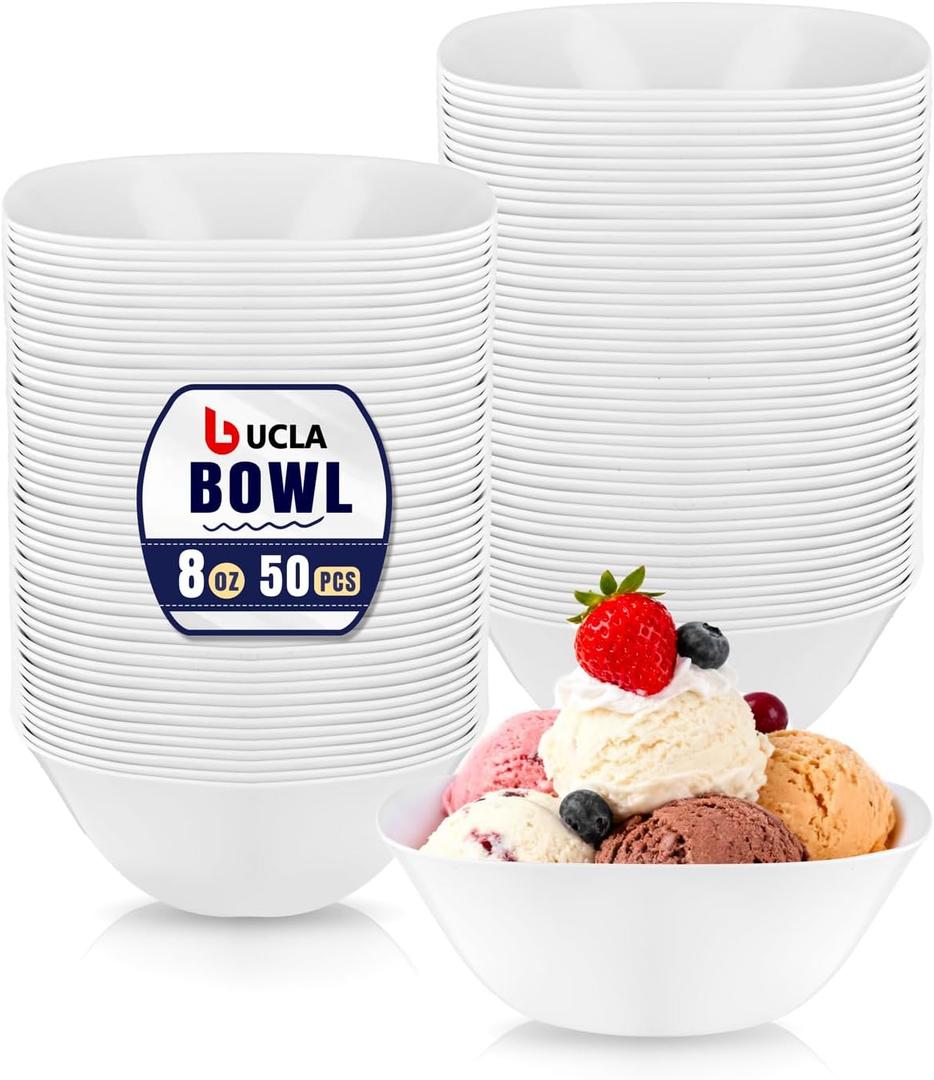 bUCLA 50Pack White Plastic Small Bowls - 8oz Disposable Ice Cream/Salsa/Dipping/Dessert/Sauce/Small Serving Bowls for Party