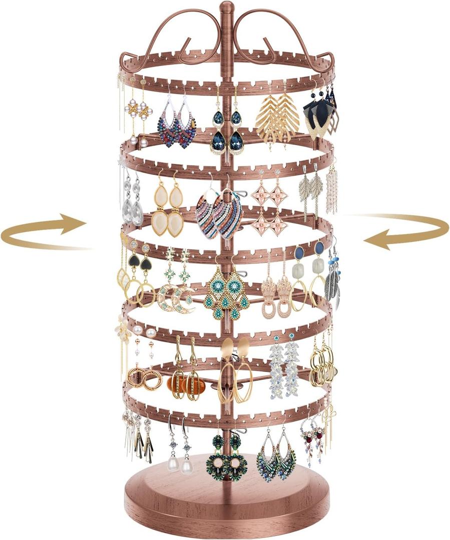 LASZOLA 5 Tier Bronze Earring Holder Organizer Tree Women Display Storage for Stud and Hoop, Large Cool Rotating Clip Stand for Pierced and Dangle Earring, Vertical Metal Tower Carousel with 400 Holes
