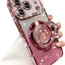 Glitter Kickstand Case for iPhone 17 Pro Max,Cute Bling Sparkly Diamond Rhinestones with Camera Lens Protector Liquid Flowing Ring Stand TPU Bumper Women Girls Case for iPhone 17 Pro Max,Pink