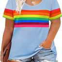 RITERA Womens Plus Size Short Sleeve Rainbow Striped Tops Crewneck T Shirts Color Block Colorful Oversized Ladies Shirt Casual Blouses Blue Sky Blue XL 14W 16W