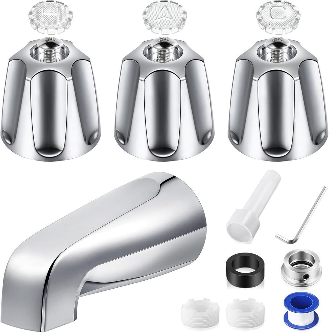 Enhon 3 Handle Shower Faucet Set Compatible with Pfister Verve Bath Tub Tool, Shower Knob and Bathtub Faucet Fits 1/2'', 3/4'' IPS Connection With 4 in 1 Spout Adapter Assembly Tool(Polished Chrome)