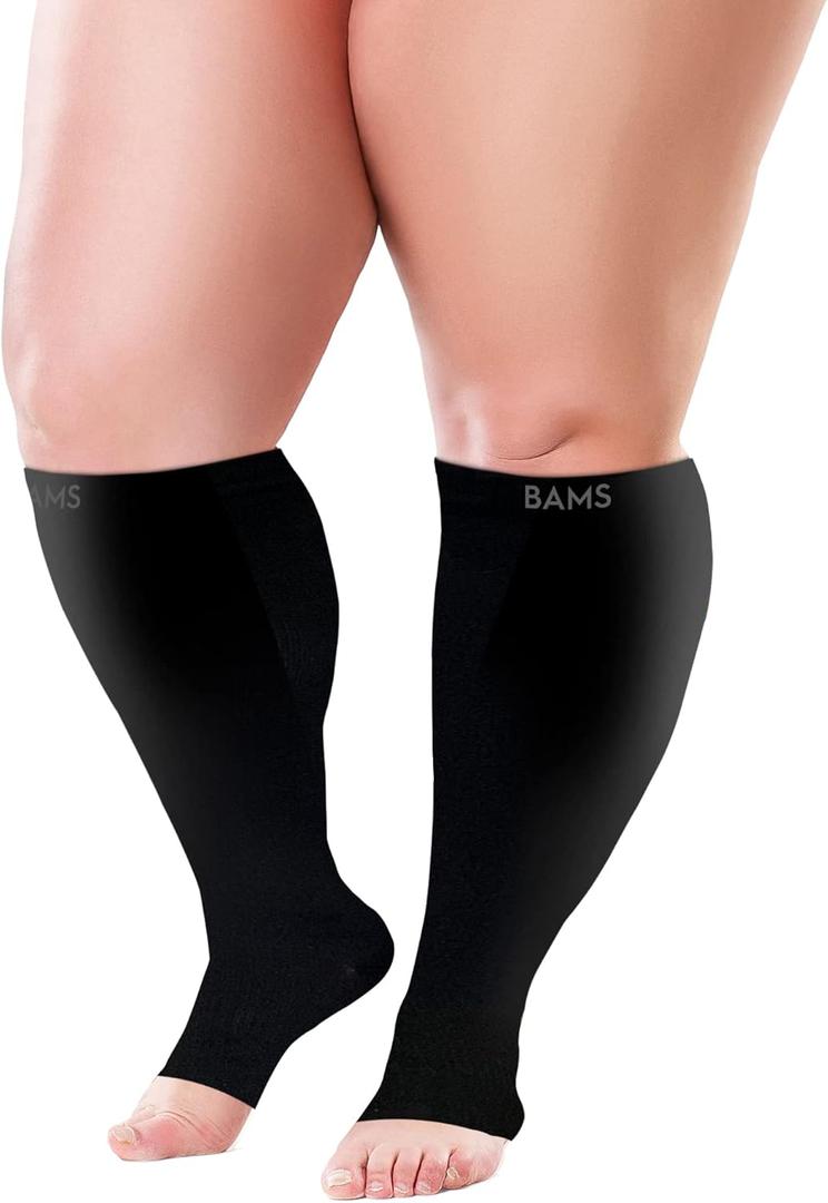 BAMS Plus Size Open Toe Compression Socks Wide Calf Viscose from Bamboo Graduated Toeless Knee-High Support (Black, XL)