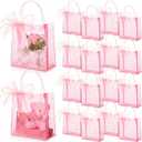 Sayglossy 24 Pcs Clear Pink Gift Bags with Handles 6.1 x 5.9 x 2.8 Inch Wedding Transparent Glitter Tote with Ribbons Reusable PVC Gift Wrap Bags for Baby Bridal Shower Birthday Party