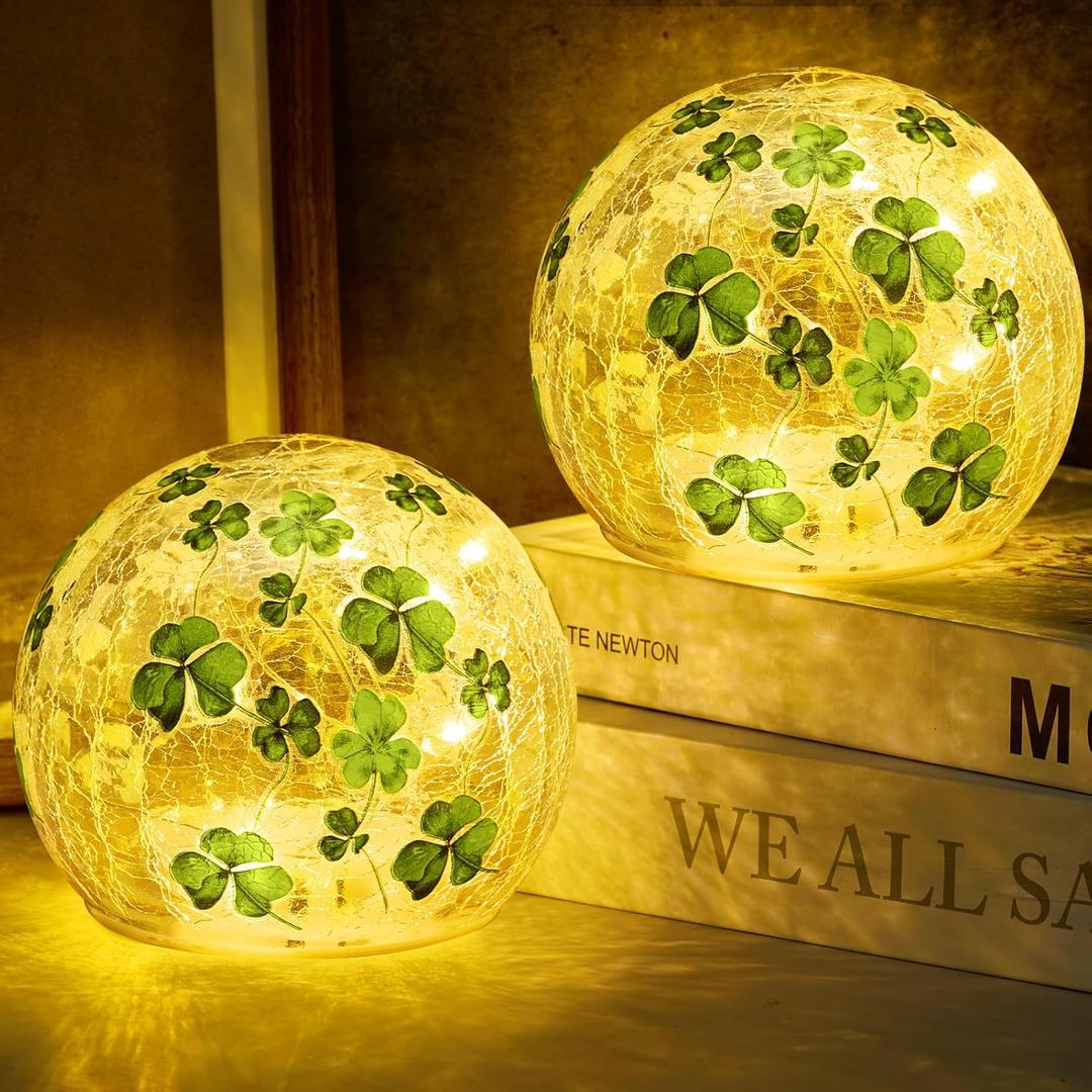 TTQ [Timer] 2 Pcs St Patricks Day Decoration,3.93'' Lighted Decorative Glass Ball,Shamrock Crackle Globe Night Light,Decorative Balls Glass Orb Table Lamp for Home Table Centerpieces Decor Gift