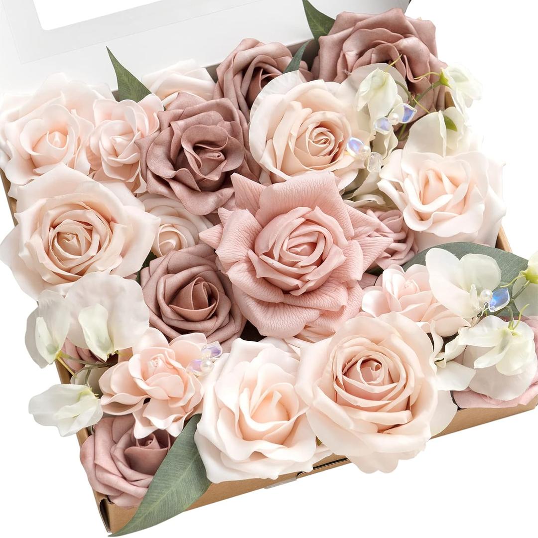 Ling's moment Fake Flowers Box, Faux Artificial Greenery Stems Foam Roses Gardenia Silk Sweat Pea Fabic Flower for Centerpieces Bouquet Wedding Vase Decorations, Dusty Rose & Cream, Grand Combo