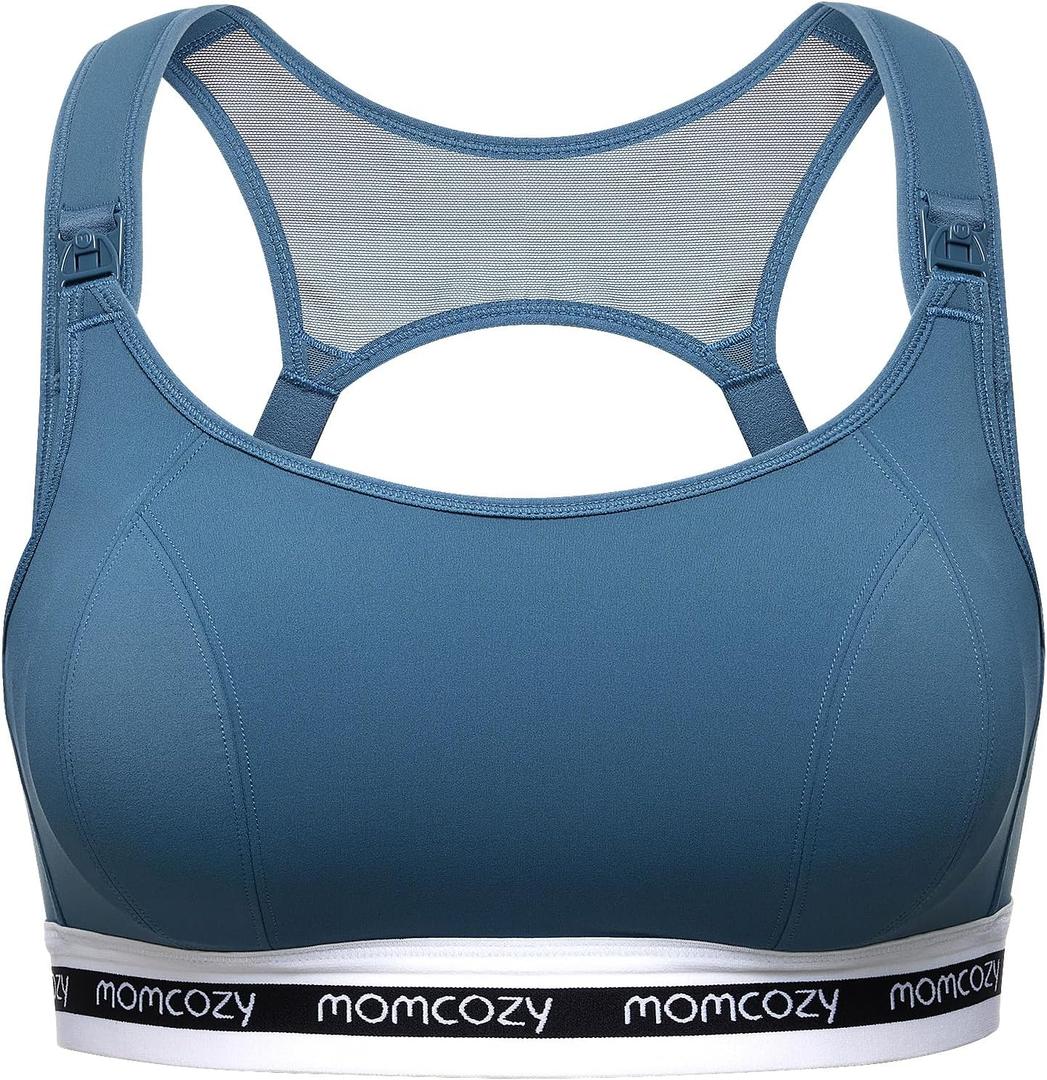 Momcozy Nursing Bras for Breastfeeding, FB011 Low-Impact Nursing Sports Bra Support Maternity Pregnancy Padded Wireless Bra (Blue), Medium