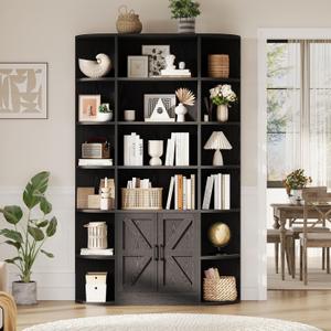 GarveeHome 75in Tall Black Bookcase, 6 Tier Wooden Book Shelf 47" Wide Farmhouse Display Bookshelf Storage Cabinet with Doors and Open Shelves for Bedroom Living Room Office
