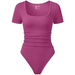 OQQ Women Bodysuits Ruched Short Sleeve Square Neck Stretch Lounge Travel Bodysuits, XL