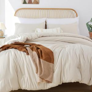 ROSGONIA King Size Comforter Set Beige, 3pcs (1 Boho Comforter & 2 Pillowcases) All Season Bedding Soft Lightweight Bedspread Cozy Blanket Quilt