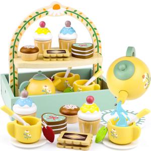 Wooden Tea Sets for Little Girls Play Food Cake Toys Toddlers 3-5 Kitchen Accessories Pretend Play Princess Playset for 3 4 5 6 Year Old Girl Boy Party Birthday Gift