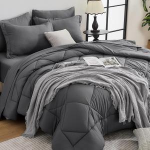 HEVUMYI Twin Comforter Set - 5-Piece All Season Bed in a Bag Twin, Ultra Soft Bedding Set with Comforter, Flat Sheet, Fitted Sheet, Pillowcases, Pillow Shams, Dark Grey