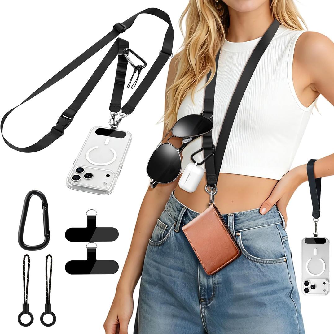 CACOE Multifunctional Cell Phone Lanyard - 3-in-1 Detachable Adjustable Crossbody Strap & Neck Lanyard & Wrist Lanyard for Men & Women with 2 Patches for Most Smartphones, Travel Essential(Black)