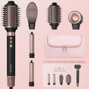 5 in 1 Ionic Hot Air Styler, 1400W Powerful Hair Dryer Brush, Auto-Wrap Curlers, Paddle Brush for Fast Drying, Curling, Straightening, Volumizing with Travel & Storage Bag