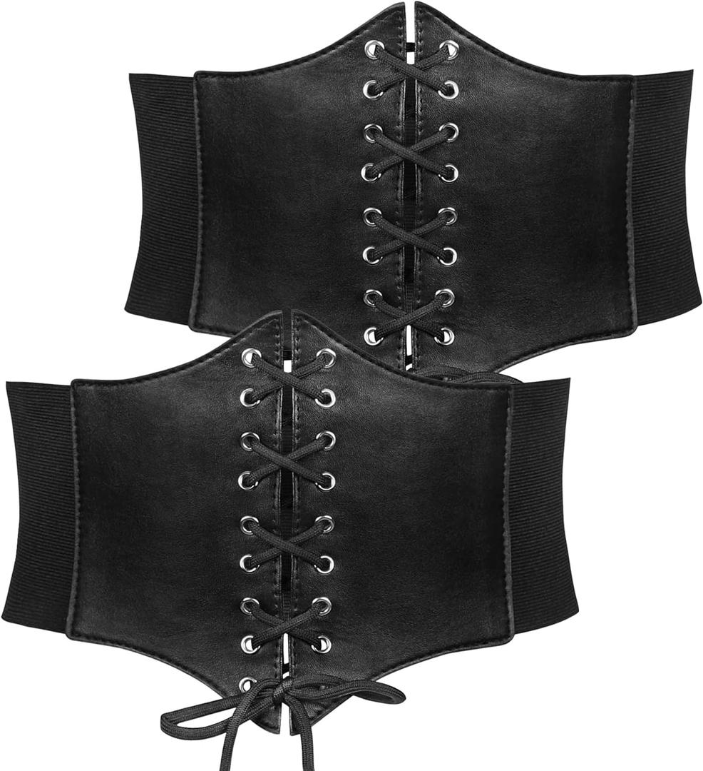 JASGOOD 2 Pack Womens Elastic Costume Waist Belt Lace-up Tied Waspie Corset Belts for Women Corset Belt (Fit Waist Size 30"-33", Black+black)