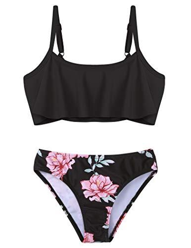 Arshiner Girls Swimsuit Two Pieces Bikini Set Ruffle Bathing Suits Flounced Tankini Swimwear Black Floral Print Size 11-12