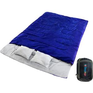 Double Sleeping Bags for Adults – Waterproof Queen-Size 2 Person Sleeping Bag with Pillows for Camping, Backpacking, Hiking, or Truck Use – Warm, Lightweight, and Convertible into Two Singles – Blue
