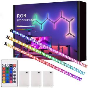 Battery Powered LED Strip Lights, Wireless RGB LED Strip Lights with 24 Keys Remote Control, 20 inch x 3 Pack for Kitchen Under Cabinet Lighting, Shelves, Under Counter, Closet, Cordless Click Light