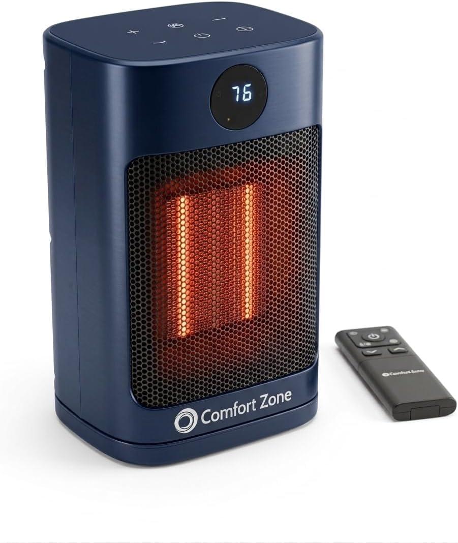 Comfort Zone 1500W Oscillating Desktop Heater Portable Ceramic Space Heater with Remote, Digital Thermostat (50F-90F), ECO Mode, 12-Hour Timer, Child Lock & Stay-Cool Housing Blue