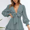 AlvaQ Womens Dresses Spring Summer Knot Front V Neck Ruffles Long Sleeve Floral Print Swing Mini Dress (Small, Slategrey)