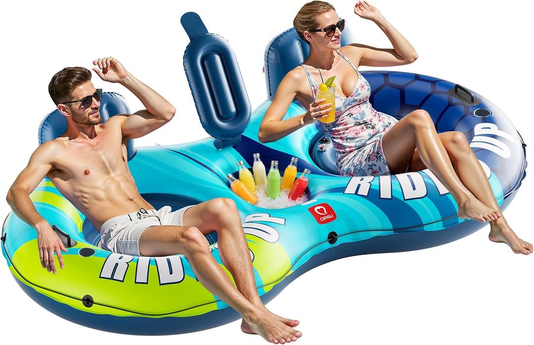 QPAU Inflatable Double River Tube, 2 Person 660lb Capacity, Puncture-Resistant 93" Sturdy Heavy Duty River Float, River Raft with Ergonomic Backrest, Cooler & Cup Holders for Family (Dark Blue)