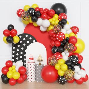 Amandir 153pcs Red Yellow Black Balloon Garland Arch Kit, Different Sizes 18 12 10 5 inch Red Yellow Black Dot Latex Confetti Balloons for Cartoon Mouse Birthday Baby Shower Party Decoration (Black Red)