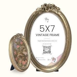 97 Decor Vintage Picture Frame 5x7 - Bronze Golden Rose Ornate Frame 5x7, Small Gold Picture Frames 5x 7, Antique 5 x7 Oval Frames With Glass Front For Photo Display Tabletop And Wall Mounting