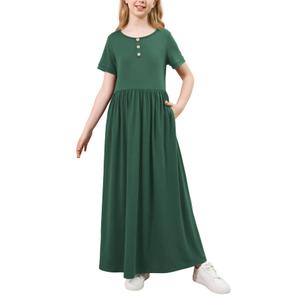 GORLYA Girls Casual Button Knit Modest Cute Flowy Long Maxi Dress with Pockets for 6-14Y Church School Daily Wear (GOR1257,14Y,Green)