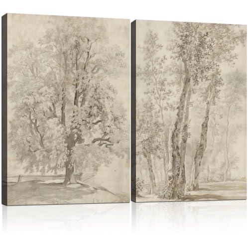 2pcs Framed Vintage Trees Canvas Landscape Sketch Wall Painting Plant Nature Picture Print Poster Rustic Nature Wabi Sabi Home Painting Bedroom Living Room Studio Decor 16x24 Inch Ready to Hang