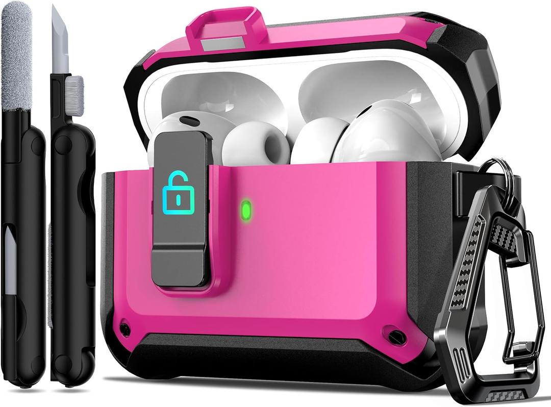 R-fun for AirPods Pro 2 Case Cover with Lock & Cleaning Kit, Keychain, Magnetic Lid, Compatible with AirPods Pro 2nd/1st Generation Protective Case, Support Wireless Charging, Pink