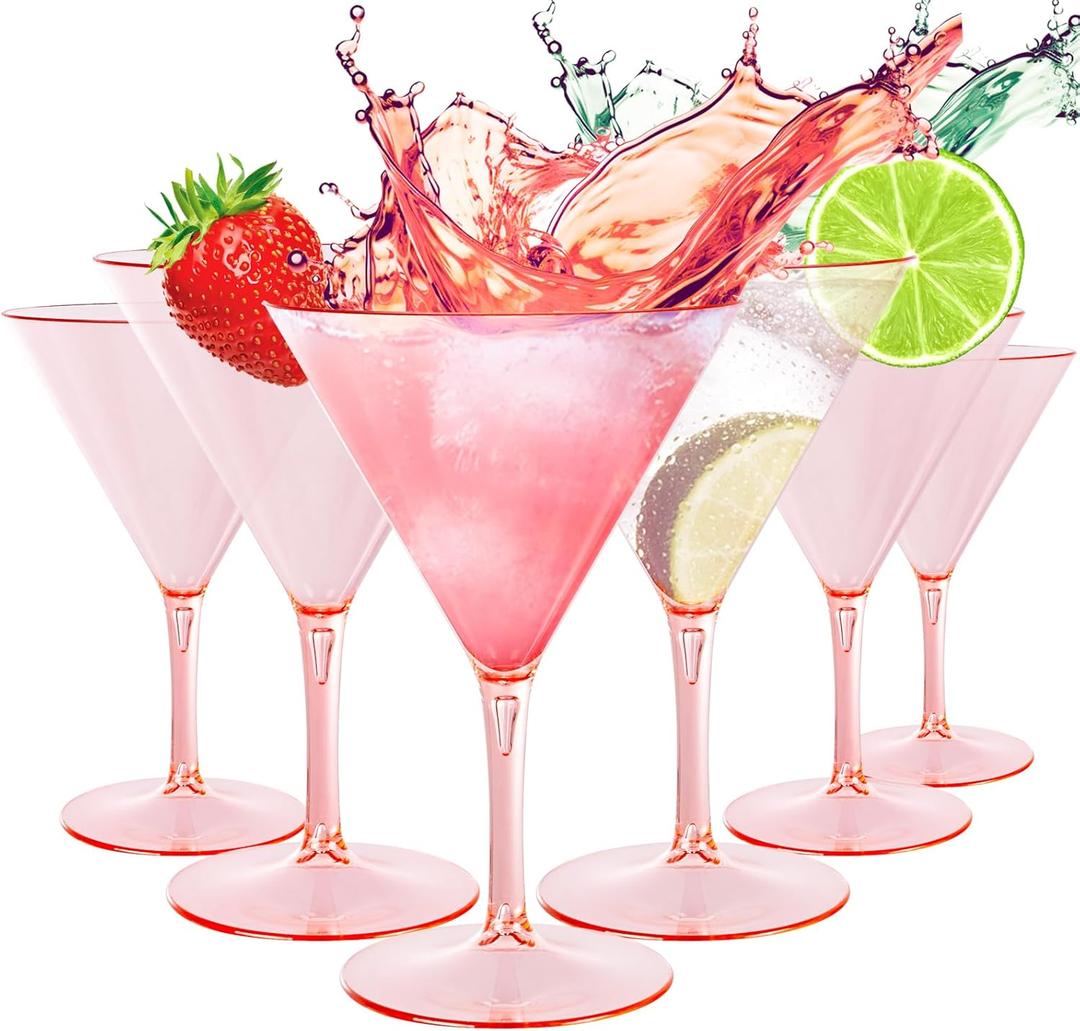 Liacere Martini Glasses Set of 6-11 oz Pink Plastic Martini Cocktail Glasses with Stem-Reusable Cocktail Glasses for Bar, Margarita, Whiskey, Gin, BPA-Free, Dishwasher-Safe