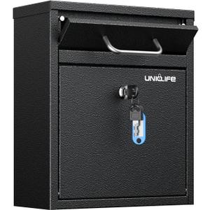 Uniclife Wall Mount Mailbox for Outside, Anti-Theft Heavy Duty Locking Mailbox, Small Mailbox with Key Lock, Security Mail Box, Safe Key Drop Box, Post Box, Steel Cash Drop Box for Home Office, Black