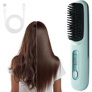 Cordless Hair Straightener Brush,Portable Hair Straighteners for Women,Travel Hair Straightener Comb,USB Rechargeable Ceramic Hot Comb,3 Temps,Fast Heating and Styling (Blue)