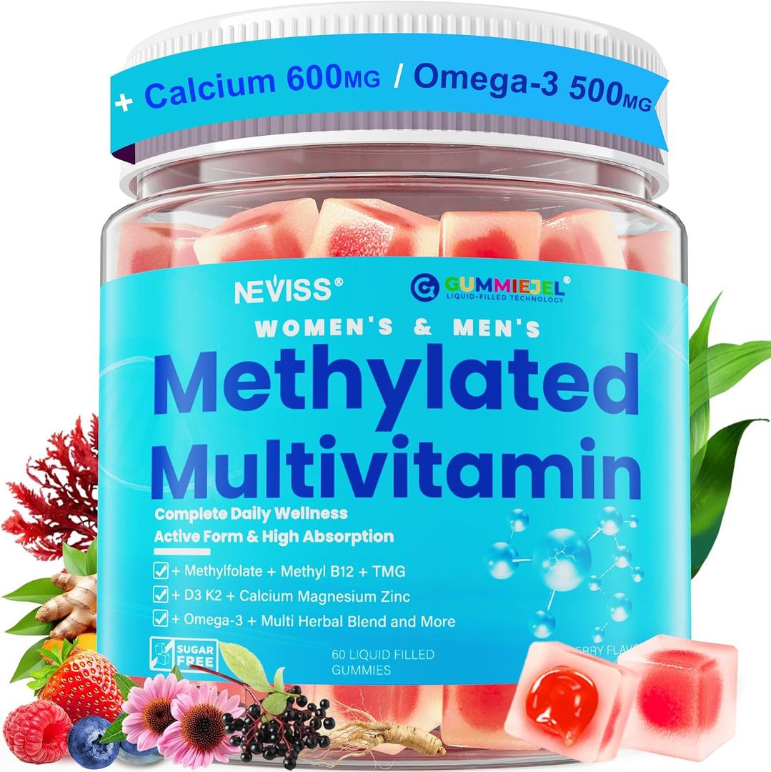 Methylated Multivitamin for Women & Men Gummies w/ Omega-3, Calcium, D3 K2, Methylfolate & B12, TMG, Daily Vitamins, Mag, CoQ10, Probiotic for 18 30 40 50 60 70+, Overall Health - Vegan, Sugar Free. Bbd Jun/2028